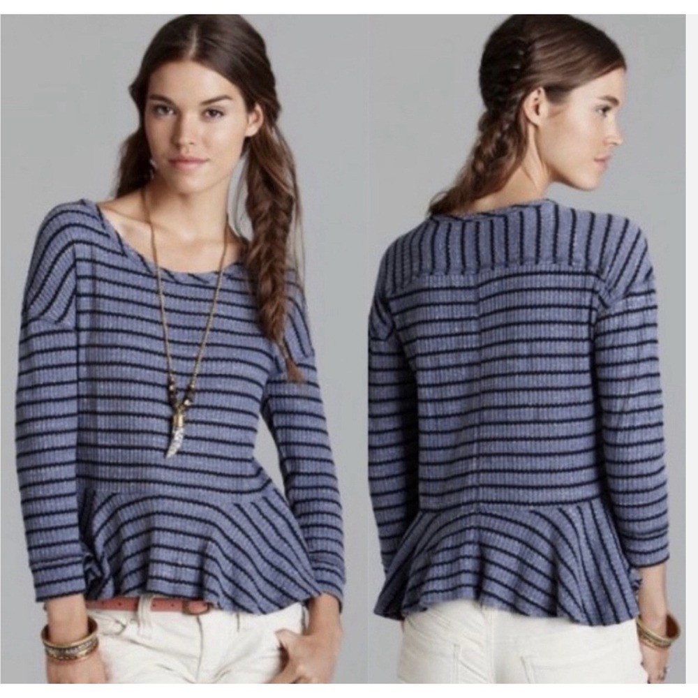 Free People We The Free Auntie Em Thermal Stripe Peplum Top Blue Black XS